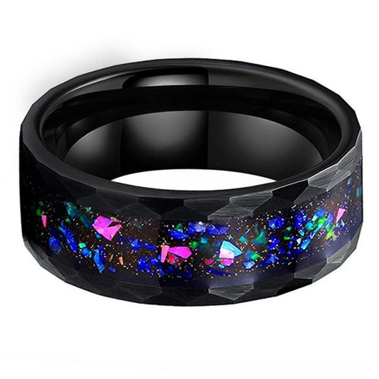Hammered Tungsten & Galaxy Crushed Opal Ring (8mm)