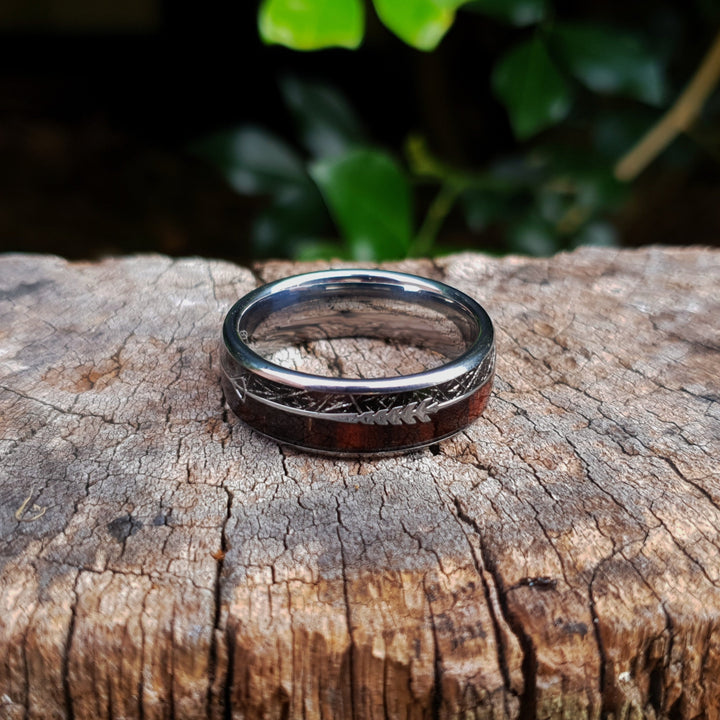 Koa Wood & Black Meteorite Arrow Tungsten Ring (8mm) | Tymber Gear.