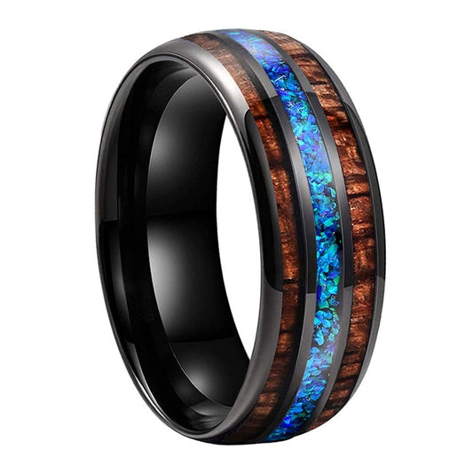 Blue Opal & Koa Wood Black Tungsten Ring (8mm) | Tymber Gear.
