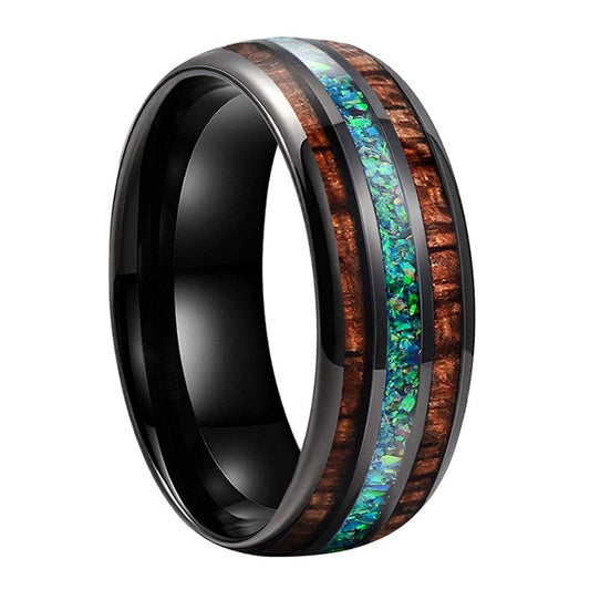 Green Opal & Koa Wood Black Tungsten Ring (8mm) | Tymber Gear.