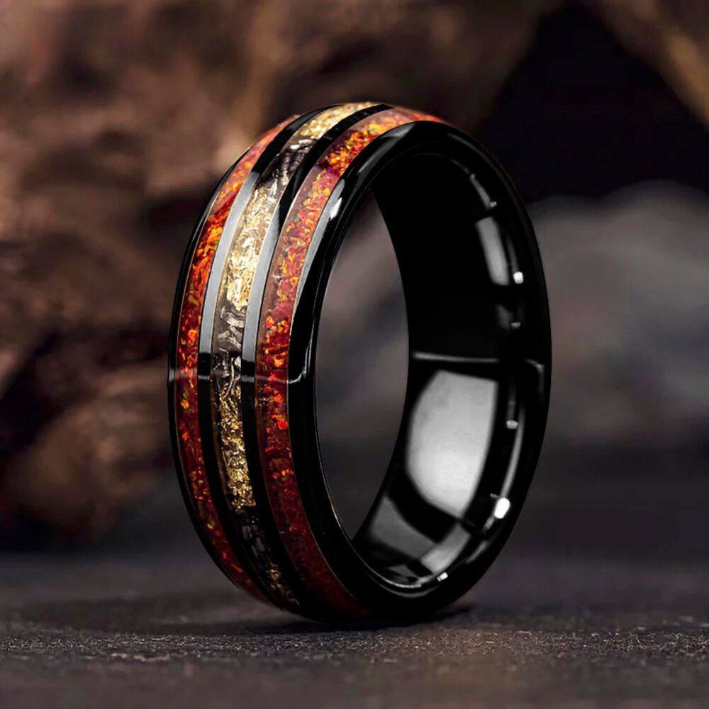 Red Opal & Meteorite Tungsten Ring (8mm)