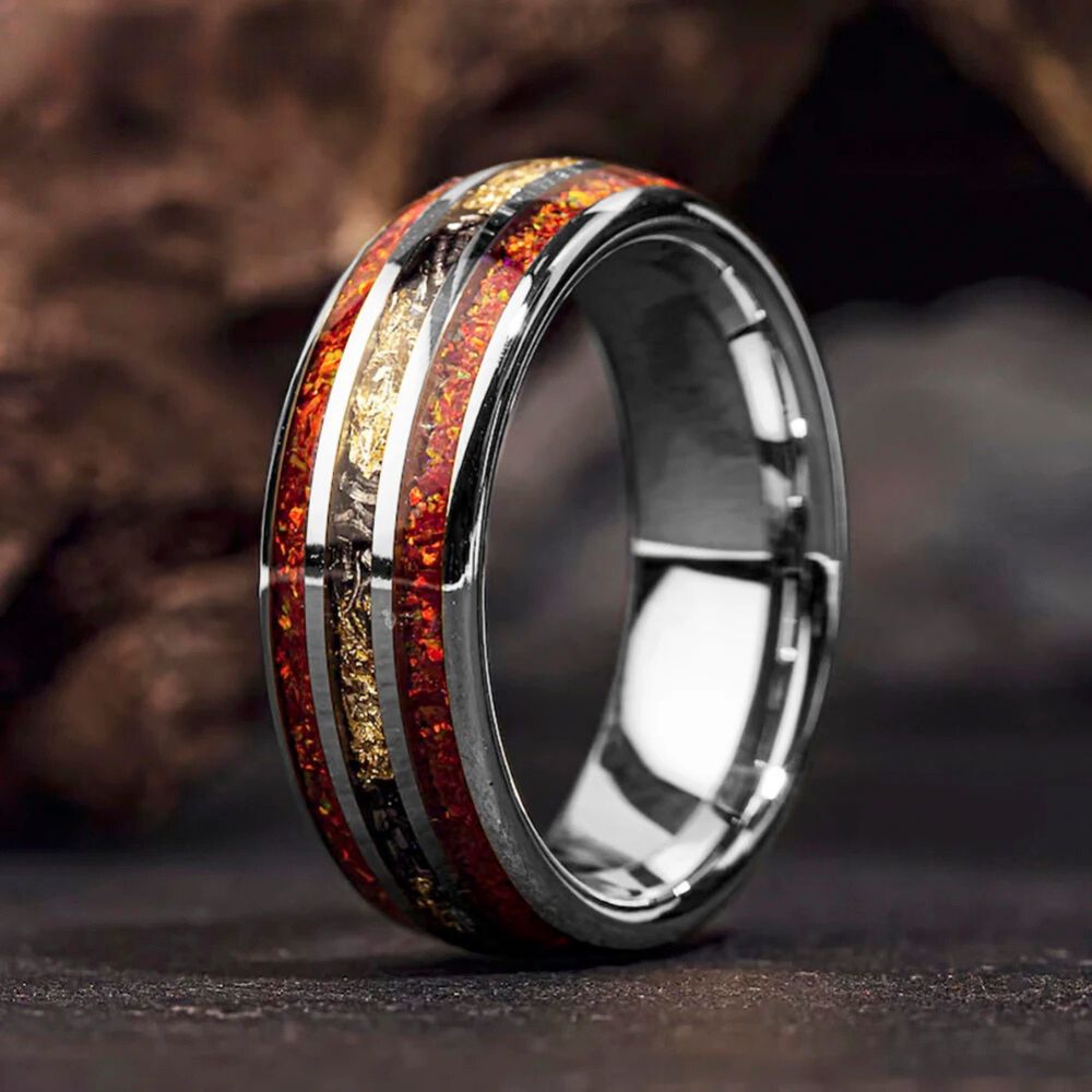 Red Opal & Meteorite Tungsten Ring (8mm)