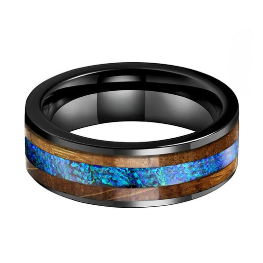 Blue Opal & Whiskey Barrel Oak Tungsten Ring (8mm)