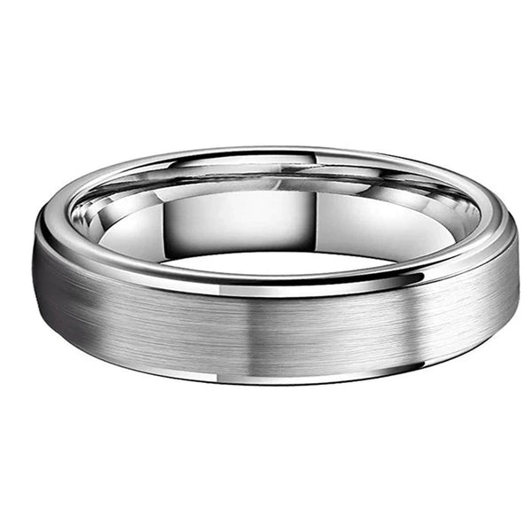 Brushed Wedding Ring with Stepped Edges in Silver Tungsten (6mm)