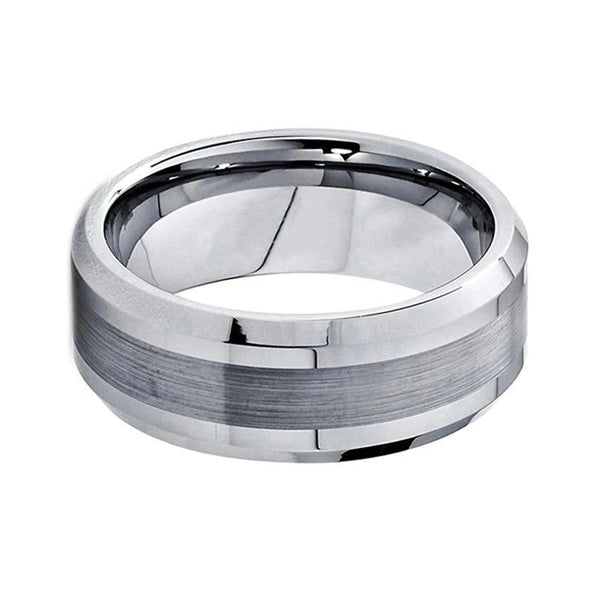 Polished Beveled Edge with Brushed Inlay Wedding Ring in Silver Tungsten (8mm)