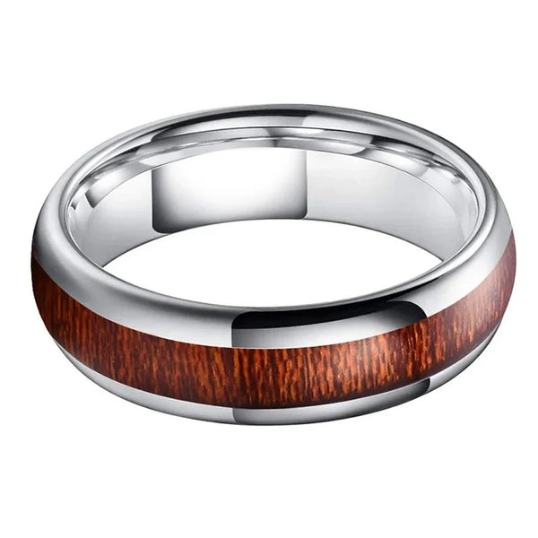 Wood Dome & Silver Tungsten Wedding Ring (6mm)