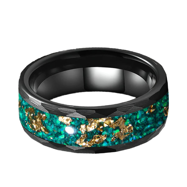 Opal & Gold Leaf Hammered Tungsten Ring (8mm)
