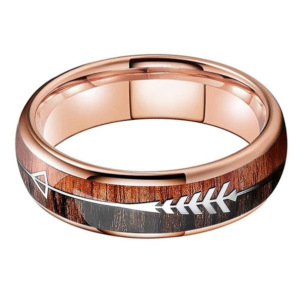 Rose Gold Tungsten Ring with An Arrow & Wood Inlay (6mm)
