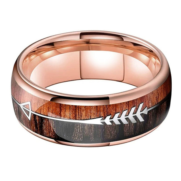 Rose Gold Tungsten Ring with An Arrow & Wood Inlay (8mm)