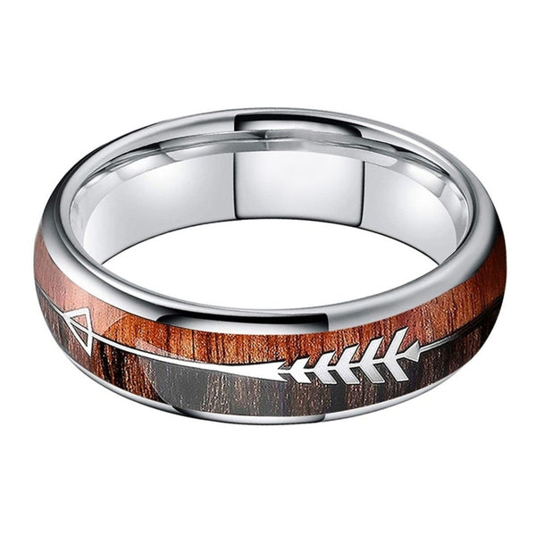 Silver Tungsten Ring with An Arrow & Wood Inlay (6mm)