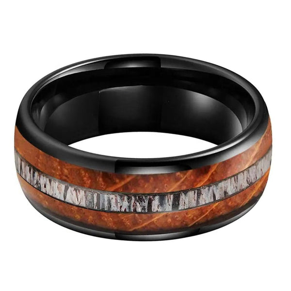 Deer Antler and Whiskey Barrel Oak Wood Dome Wedding Ring in Black Tungsten (8mm)