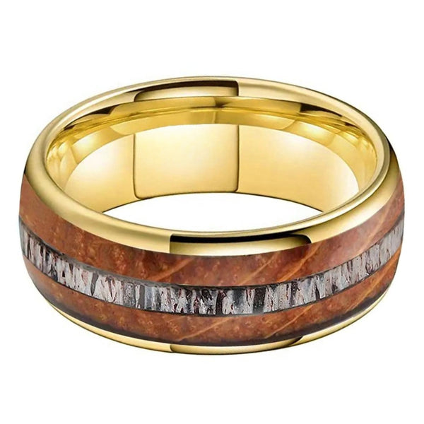 Deer Antler and Whiskey Barrel Oak Wood Dome Wedding Ring in Yellow Gold Tungsten