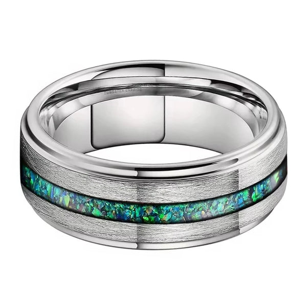 Green Opal & Brushed Silver Tungsten Ring (8mm)