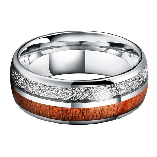 Silver Tungsten, Meteorite and Koa Wood Ring (8mm)