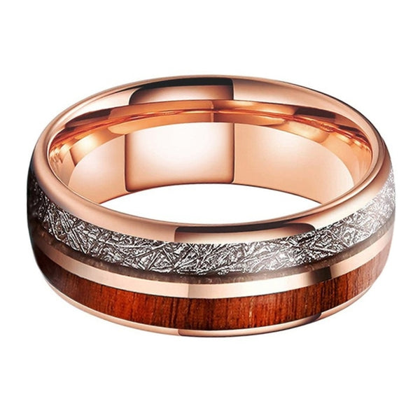 Rose Gold, Silver & Koa Wood Tungsten Ring (8mm)