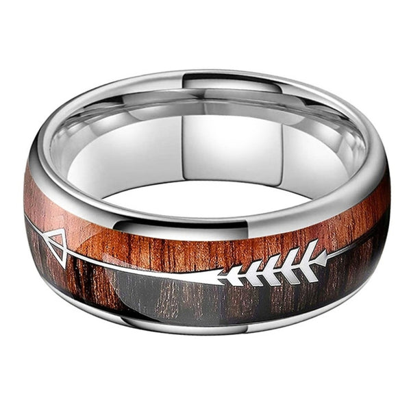 Silver Tungsten Ring with An Arrow & Wood Inlay (8mm)