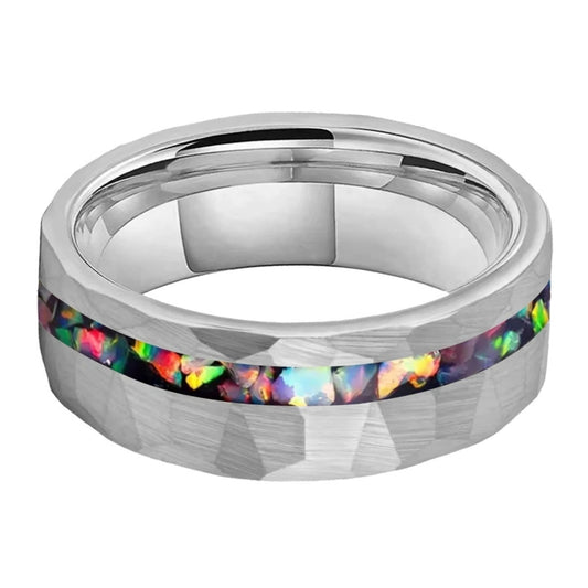 Hammered Silver and Opal Inlay Tungsten Ring (8mm)