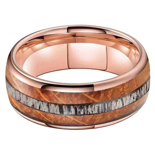 Deer Antler and Whiskey Barrel Oak Wood Dome Wedding Ring in Rose Gold Tungsten (8mm)