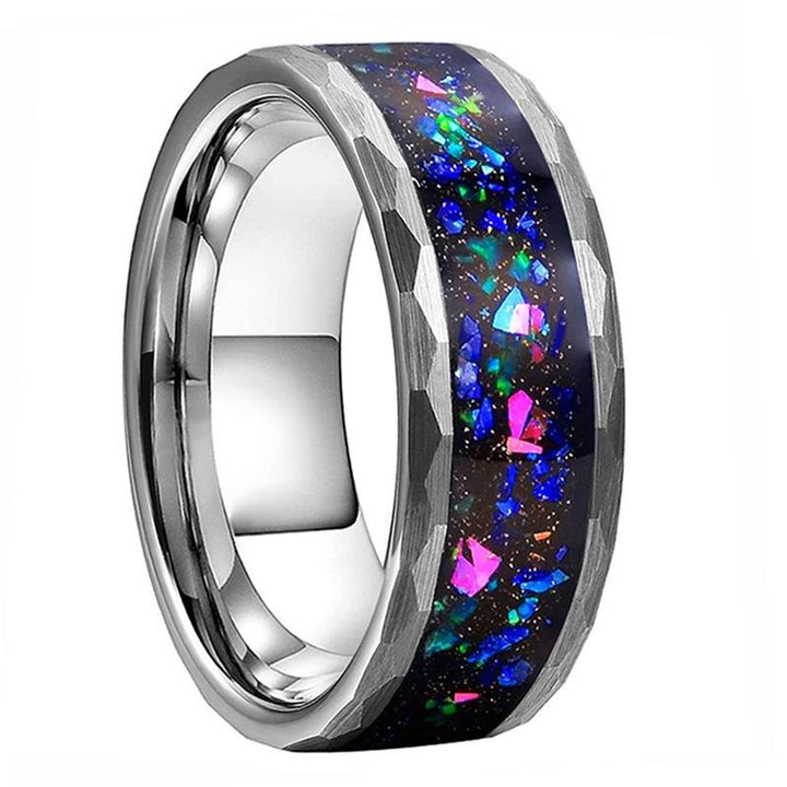 Hammered Tungsten & Galaxy Crushed Opal Ring (8mm) | Tymber Gear.