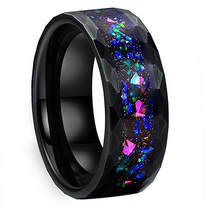 Hammered Tungsten & Galaxy Crushed Opal Ring (8mm) | Tymber Gear.