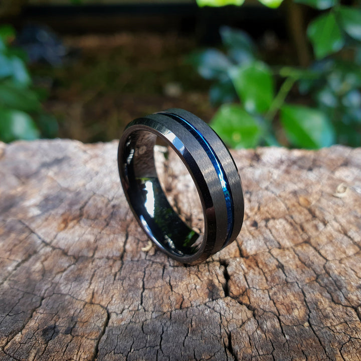 Beveled Edge Black Tungsten & Blue Inlay Ring (8mm) | Tymber Gear.