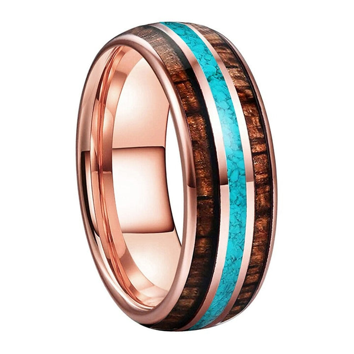 Koa Wood & Turquoise Rose Gold Tungsten Ring (8mm) | Tymber Gear.