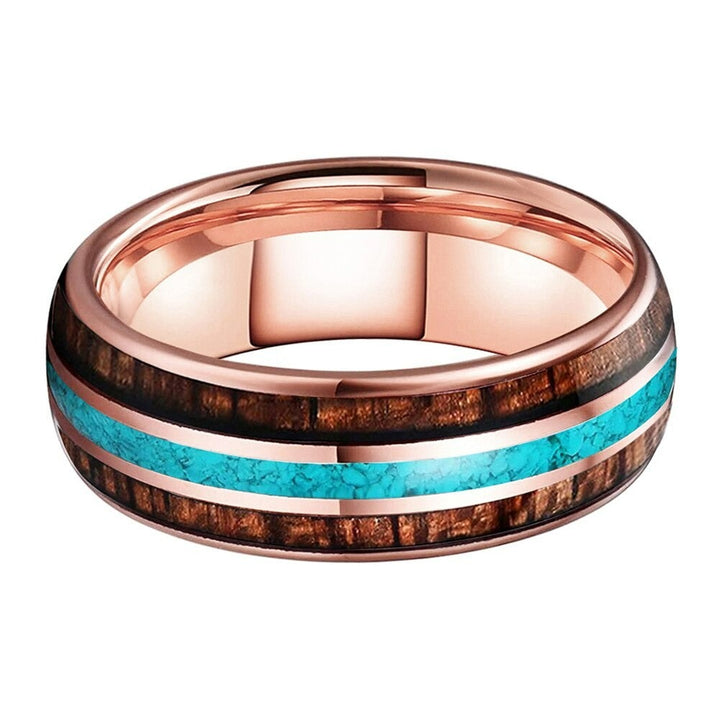 Koa Wood & Turquoise Rose Gold Tungsten Ring (8mm) | Tymber Gear.