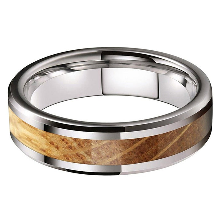 Beveled Edge Whiskey Oak Inlay & Silver Tungsten Ring (6mm) | Tymber Gear.