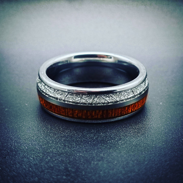Silver Tungsten, Meteorite and Koa Wood Ring (8mm) | Tymber Gear.