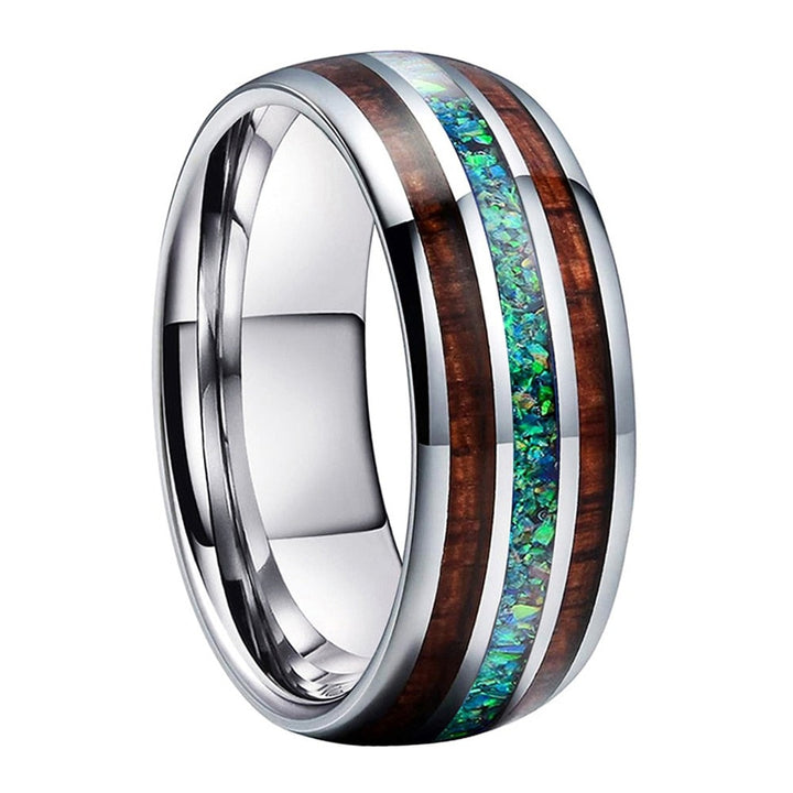 Green Opal & Koa Wood Silver Tungsten Ring (8mm) | Tymber Gear.