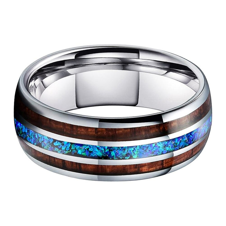 Blue Opal & Koa Wood Silver Tungsten Ring (8mm) | Tymber Gear.