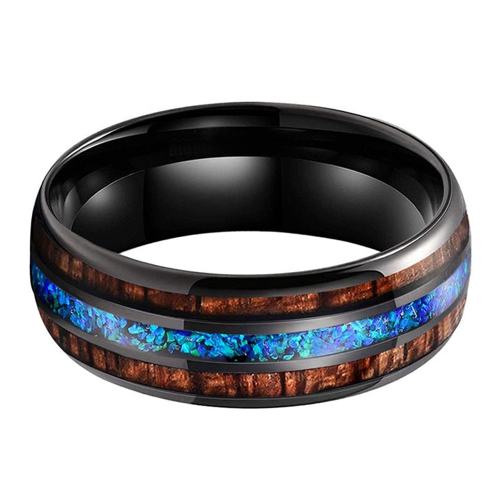 Blue Opal & Koa Wood Black Tungsten Ring (8mm) | Tymber Gear.