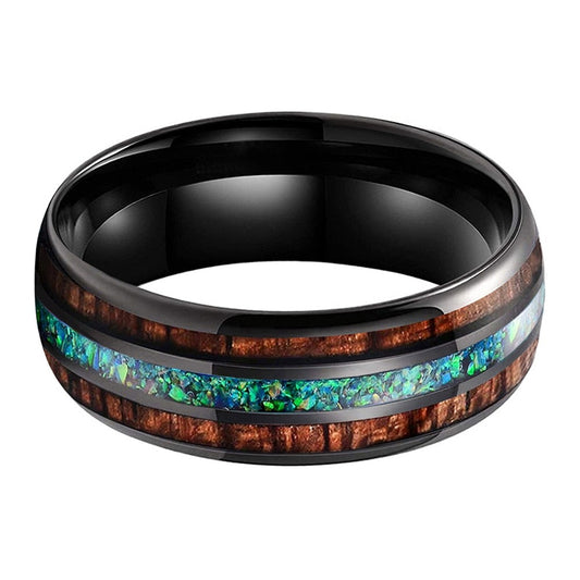 Green Opal & Koa Wood Black Tungsten Ring (8mm) | Tymber Gear.