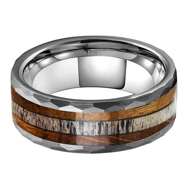 Deer Antler & Whiskey Barrel Oak Silver Hammered Tungsten Ring (8mm) | Tymber Gear.