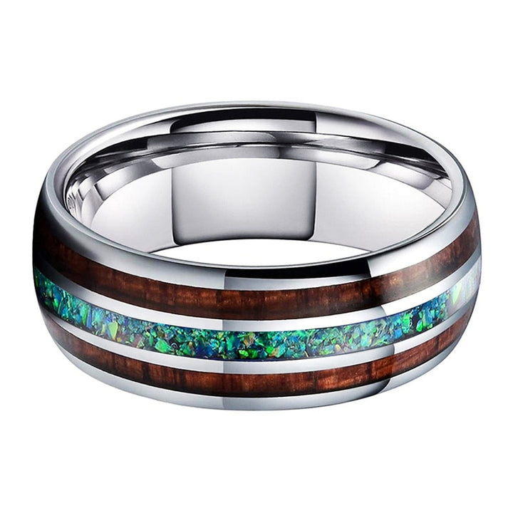 Green Opal & Koa Wood Silver Tungsten Ring (8mm) | Tymber Gear.