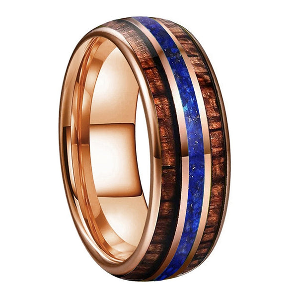 Koa Wood & Lapis Lazuli Triple Inlay Rose Gold Tungsten Ring (8mm) | Tymber Gear.
