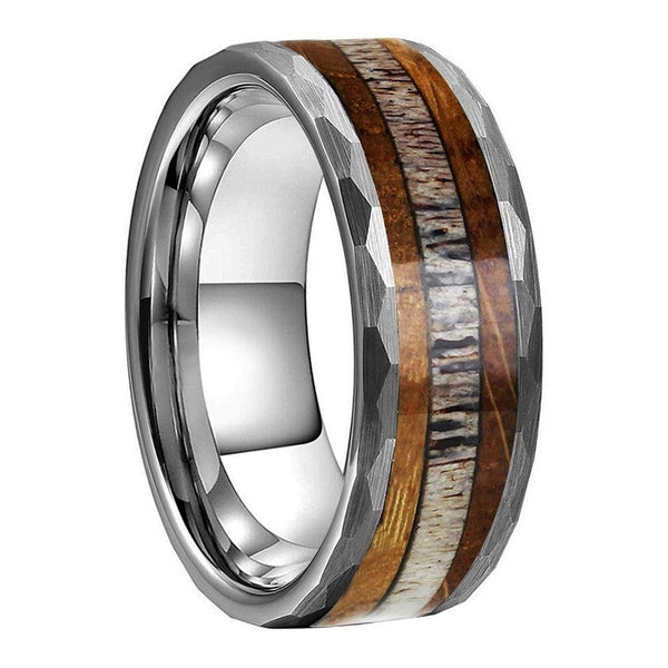 Deer Antler & Whiskey Barrel Oak Silver Hammered Tungsten Ring (8mm) | Tymber Gear.