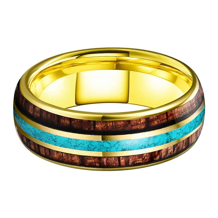 Koa Wood & Turquoise Yellow Gold Tungsten Ring (8mm) | Tymber Gear.