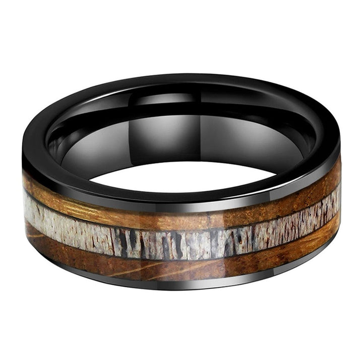 Deer Antler & Whiskey Barrel Oak Black Tungsten Ring (8mm) | Tymber Gear.