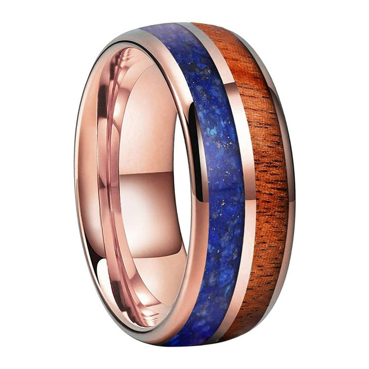Koa Wood & Lapis Lazuli Rose Gold Tungsten Ring (8mm) | Tymber Gear.