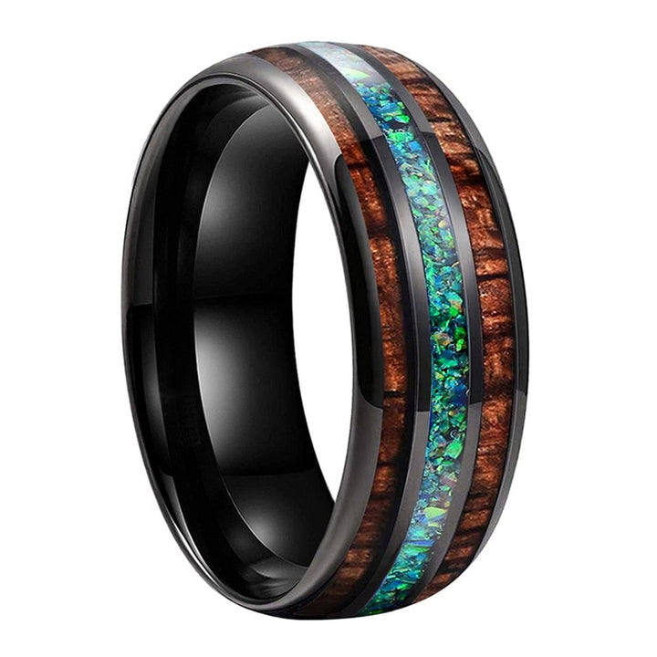 Green Opal & Koa Wood Black Tungsten Ring (8mm) | Tymber Gear.