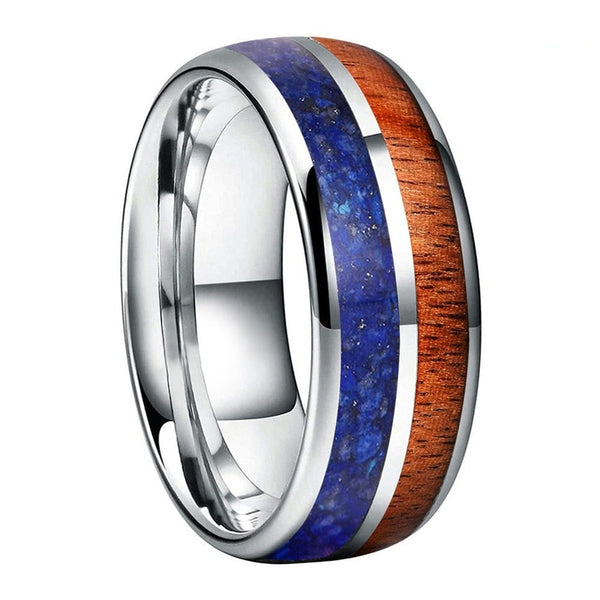Koa Wood & Lapis Lazuli Silver Tungsten Ring (8mm) | Tymber Gear.