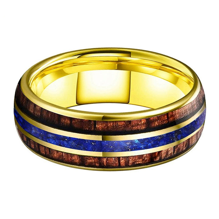 Koa Wood & Lapis Lazuli Triple Inlay Yellow Gold Tungsten Ring (8mm) | Tymber Gear.