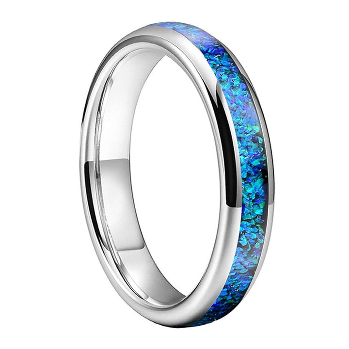Crushed Blue Opal and Silver Tungsten Ring (4mm) | Tymber Gear.