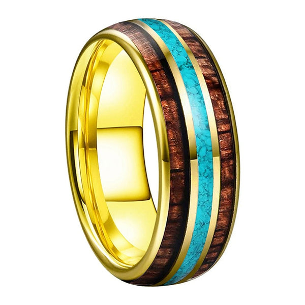 Koa Wood & Turquoise Yellow Gold Tungsten Ring (8mm) | Tymber Gear.