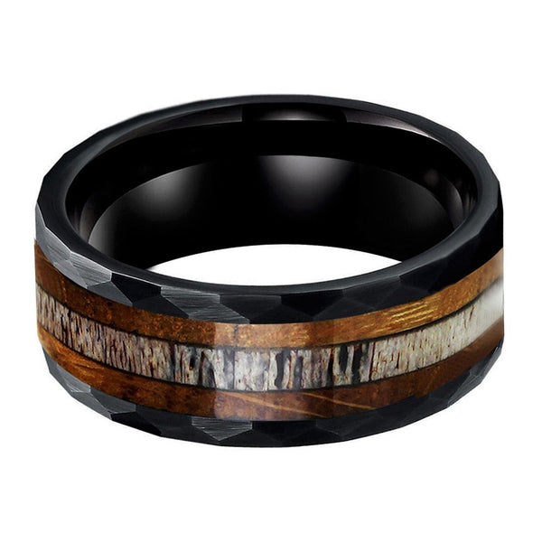 Deer Antler & Whiskey Barrel Oak Black Hammered Tungsten Ring (8mm) | Tymber Gear.