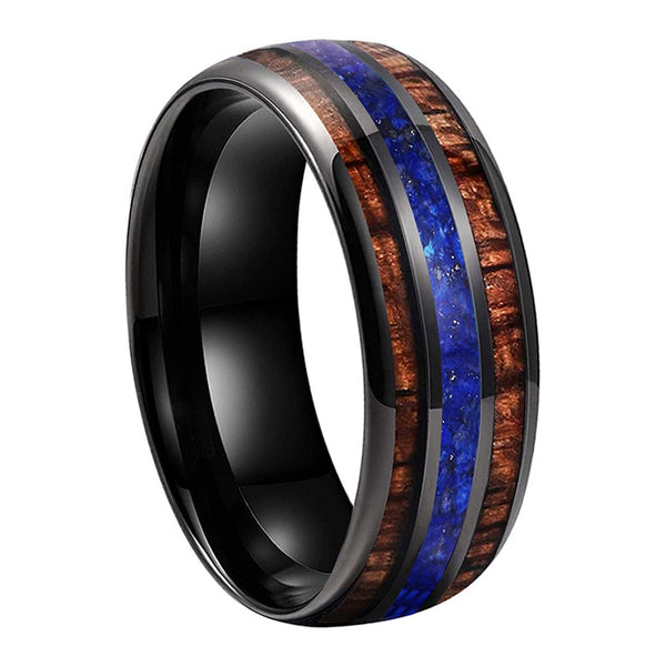 Koa Wood & Lapis Lazuli Triple Inlay Black Tungsten Ring (8mm) | Tymber Gear.