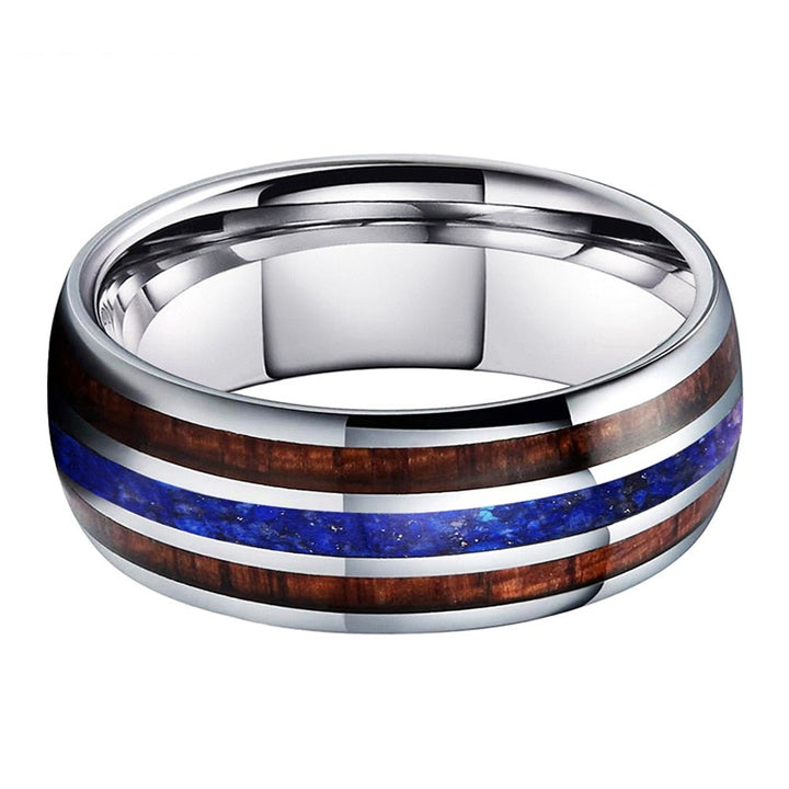 Koa Wood & Lapis Lazuli Triple Inlay Silver Tungsten Ring (8mm) | Tymber Gear.