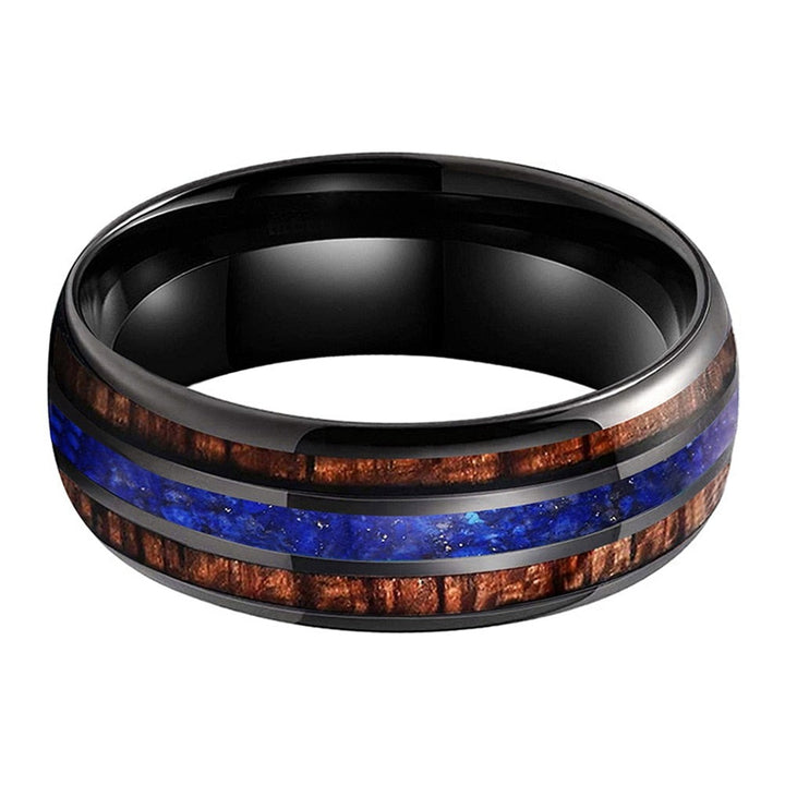Koa Wood & Lapis Lazuli Triple Inlay Black Tungsten Ring (8mm) | Tymber Gear.