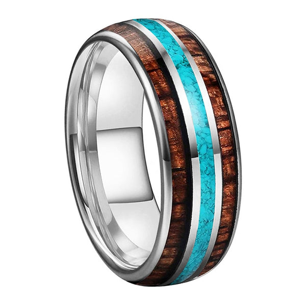 Koa Wood & Turquoise Silver Tungsten Ring (8mm) | Tymber Gear.